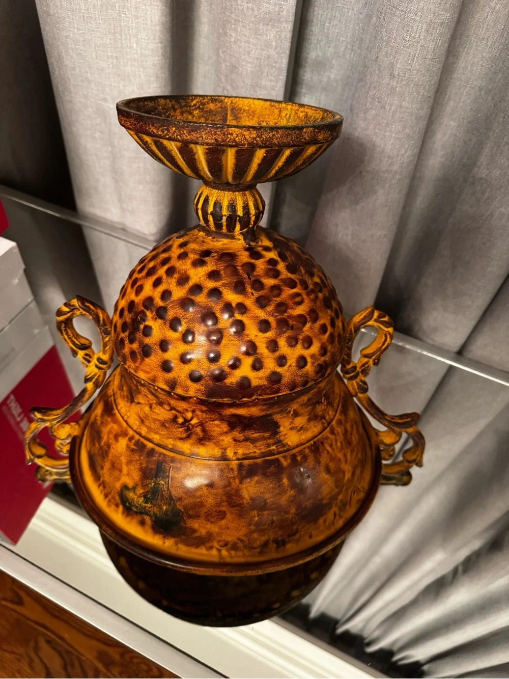 Decorative Amber Gold heavy metal Trophy Vase with Ornate Handles.
